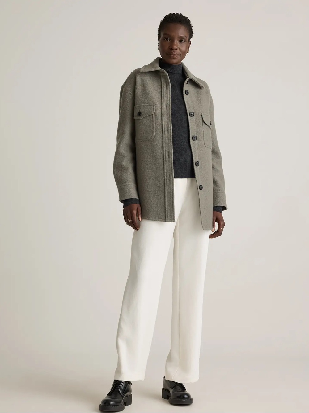 Quince 100% Merino Wool Oversized Shirt Jacket Shacket Olive Gray Women L